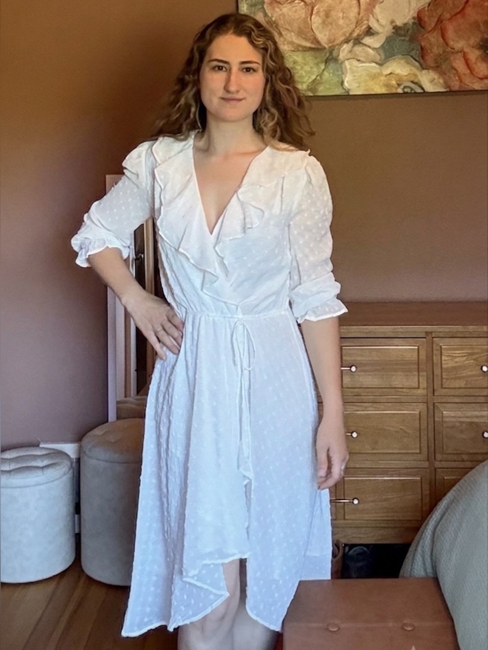 White Ruffle Wrap Dress with Dot Texture
